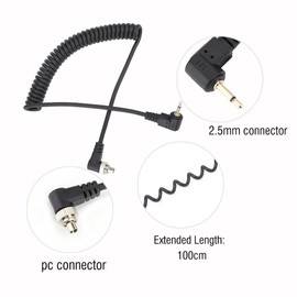 Flash Sync Cable, 2.5mm PC Sync Cable with Screw Cap, 100cm Long Coiled Cable for Cameras and Flash Trigger