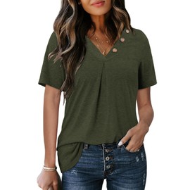 Magritta Womens T Shirts V Neck Short Sleeve Buttons Casual Pleated Summer Tunic Tops Loose Fit Blouse Army Large