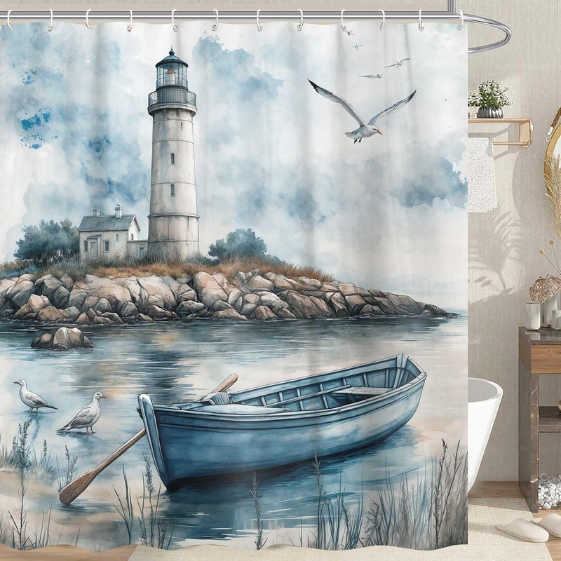 Dizifinn Nautical Coastal Beach Shower Curtain Decor, Ocean Lighthouse Seasides