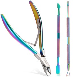 Cuticle Trimmer Manicure Set, Premium Steel Cuticle Remover Tools/Cutter & Pusher & Nails Scraper, Upgraded Sharp Nail Cuticle Nippers Kit for Fingernails & Toenails (Rainbow)