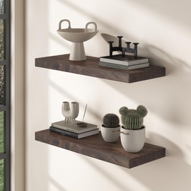 Floating Shelves for Wall, 24" Flat Edge Solid Elm Wood Floating Shelf, Wall-Mounted Display Shelves with Invisible Heavy-Duty Metal Bracket, Floating Shelf for Kitchen (Wanlut, Set of 2)
