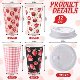 Jingmore 100 Pcs 12 Oz Strawberry Disposable Coffee Cups with Lids Red Strawberry Paper Drinking Cup for Hot Cold Beverage Drink Juices for Stand Supplies Summer Party Decoration Birthday