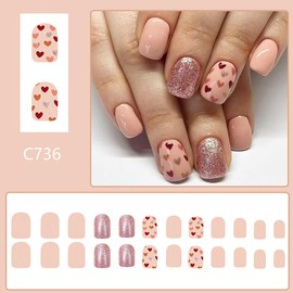 24Pcs Valentines Press on Nails Short Square Orange Fake Nails with Hearts Design Valentine's Day False Nails Artificial Glossy Glitter Acrylic Nails Full Cover Glue on Nails for Women Nail Decor