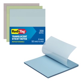 Redi-Tag Translucent Sticky Notes, Transparent Self-Stick Notes, 3" x 3", Calming Colors, 4 pads, 50 Notes Per Pad, 200 Sheets (1006592)