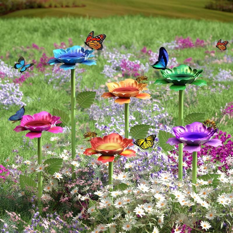Retyion 6 Pack Bee Watering Station - Flowers Butterfly Feeder,