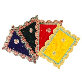 Set of 4 Mat Aasan Velvet Pooja Cloth Decorative Small Cloth (Size:-9 Inches X 6 Inches) for Housewarming Indian Traditional Navratri Festival Decorations & Pooja Article Laxmi(Red+Green+Yellow+Blue)