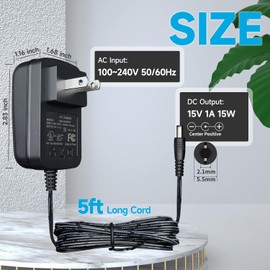 UL Listed 15V 1A Universal Power Supply Adapter, AC to DC 15V 100mA~1000mA 15W 5.5mm x 2.1mm Wall Charger, 5ft/1.5M Long Power Supply Cord for Litter Robot, Car Jump Starter and More DC 15V Devices