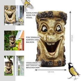 Monsterzeug Laughing Bird House, Wooden Feeder for Birds, Tree Face Laughs, Funny Garden Decoration, Shatterproof Resin, Weather-Resistant