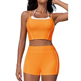 Pink Queen High Waisted Bikini Sets for Women Sporty Two Piece Swimsuits Color Block Bathing Suits 2025 Orange L
