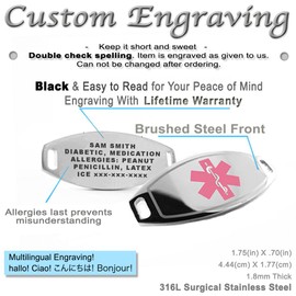 My Identity Doctor Womens Medical ID Bracelet with Free Engraving - 1.2cm Steel & Glass Hearts - Pink - Wrist Size 6.5 Inch