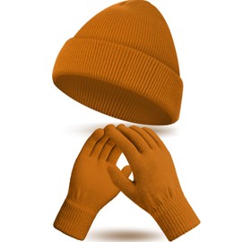 ShinyMatch Winter Beanie Hat Gloves Set, Soft Knitted Hat Stretchy Gloves Warm Skull Cap Set for Women Men Gifts(Caramel)