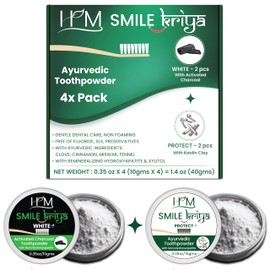 HM - Teeth Whitening Ayurvedic Tooth Powder | Non Foaming - Remove Stains & Freshen Breath | Activated Charcoal & Kaolin Clay | Vegan | Essential Oils & Ayurvedic Herbs | Pack of 4 X 0.35oz [1.4 Oz]