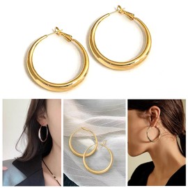 Gold Hoop Earrings for Women S925 Steling Silver Post Hoops Earrings Lightweight & Hypoallergenic Hoop Earring Trendy Chunky Large Hoops Earring Jewelry Gifts - BY4