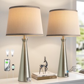 Seealle Modern Table Lamps Set of 2 - Touch Bedside Lamp for Nightstand with USB C+A,3-Way Dimmable Silver Nightstand Lamps for Living Room Bedroom End Table with Grey Shade(Bulb Included)