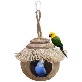 Tfwadmx Coconut Hide with Ladder, Natural Coconut Fiber Hanging Birdhouse Cage, Coconut Bird Shell Breeding Nest for Parrot Parakeet Lovebird Finch Canary (2 Pcs)