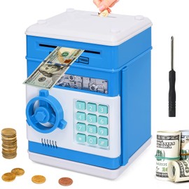 Acalu Piggy Bank boalord for Kids, Mini ATM Auto Scroll Paper Coin Bank Money Saving Box with Password, Cashes & Coins Saving Box for Boys and Grils Gifts Toys (Blue)