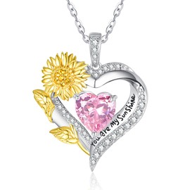 JIYVY32 Birthstone Necklaces White Gold Plated Sunflower Pendant for Women Anniversary Wedding Necklace Birthday Mom Jewelry Pink Tourmaline