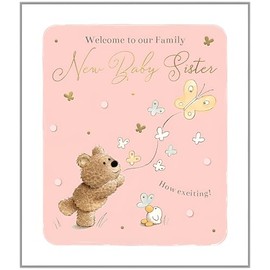 New Baby Sister Congratulations Card - Barley Bear Teddy and Butterflies Design with Embossed Foil Details - Made in the UK