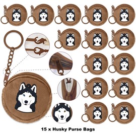 Elecrainbow 15 Pack Husky Mini Coin Purse with Keyrings for Husky Themed Dog Party Lets Pawty Pet Party Birthday Party Supplies,Brown