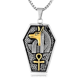 PikaLF Anubis Necklace for Men, Ankh Cross Necklace, Egyptian Anubis Head Pendant Necklace with 23.6 Inch Chain, Retro Wolf Tribe Amulet Necklace, NO