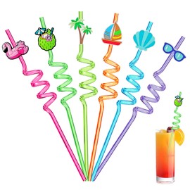 Ulife Mall Reusable Straws, Pack of 6 Plastic Drinking Straws, Novelty Flamingo Hawaiian Decor Straws, Beach Pool Shell, Curly Summer Party Straws for Adults, Children, Birthday Favours