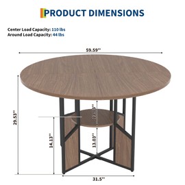 GarveeHome Round Dining Table for 4-6 People, 59 Inch Wood Kitchen & Dining Room Table with Pedestal Base, Adjustable Feet, Space Saving Farmhouse Circle Dinner Table for Living Room, Walnut