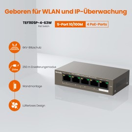Tenda 5 Port Fast Ethernet PoE Switch mit 4 PoE+ Ports & 1 Uplink-Port (58W, IEEE-802.3af/at, 250 Meter, Plug & Play, Metallgehäuse)(TEF1105P-4-63W)