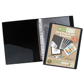 eco-eco A4 65% Recycled Strong Black Presentation Ring Binder + 12 Free Pockets