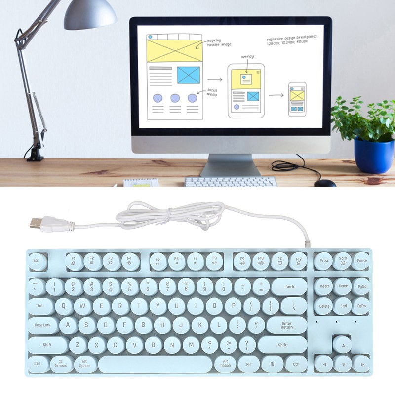 Gaming Keyboard USB Round 87 Keys Colorful Backlit Ergonomic Mechanical