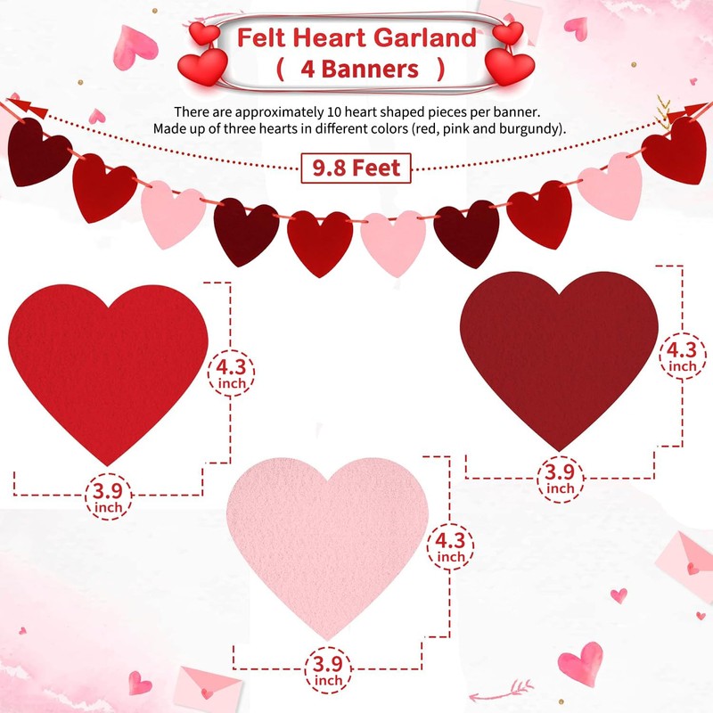 Pack of 4 Heart Paper Garland, Pink Decoration, Hanging Heart