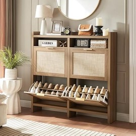 Large Rattan Shoe Storage Cabinet with 4 Flip Drawers & 2 Open Storages – Hidden Slim Shoe Organizer for Entryway, Large Tabletop Space, Farmhouse Boho Narrow Shoe Rack, Rustic Oak