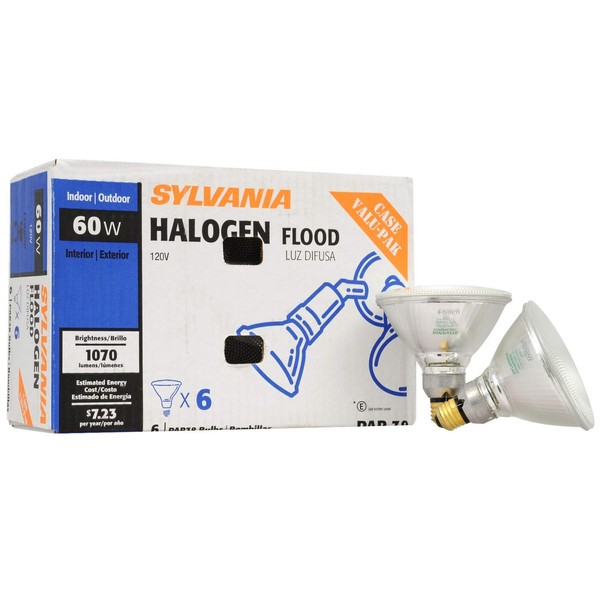 SYLVANIA Capsylite Short Neck Halogen Bulb Dimmable / PAR38 Reflector Narrow Flood Light / Replacement for halogen lamps 75W / Medium base E26 / 60 Watt / 2900K – warm white, 6 Pack