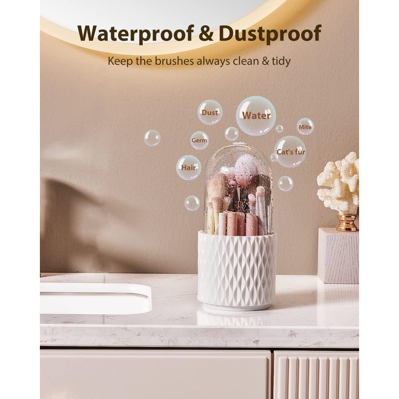 Makeup Brush Holder, [2023 Newest] [Dustproof & Waterproof] 360 Rotating