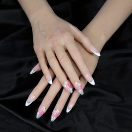 ArtiPrint Press-On Nails Hand-Painted French Flower Style Reusable Easy-On Women's Nail Art Set for Spring and Summer Durable and Long-Lasting False Nails (P004, M)