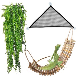 kathson Reptile Bridge for Terrarium,Bearded Dragon Wooden Bridges Gecko Hammock with Hanging Plants Lizard Lounger Bamboo Ladder Reptiles Tank Accessories Climbing for Chameleons Geckos Snakes (3Pcs)