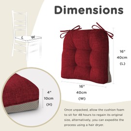 AddGrace Extra Thick Chair Cushions for Dining Chairs Set of 4 Non-Slip Kitchen Chair Pads Soft Dining Room Seat Cushion with Ties 16" x 16" x 4" Red