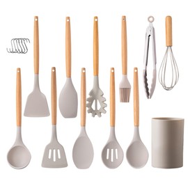 Küchenhelfer-Set 12-teilig Silikon-Kochutensilien-Set mit Holzgriff, hitzebeständig antihaftbeschichtet Kochgeschirr Zange Spatel Löffel-Set spülmaschinenfest beste Küchenutensilien mit (Beige)