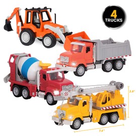 Driven by Battat – 4-Pack of 7 Construction Toy Trucks – Includes Crane Truck, Dump Truck, Cement Mixer & Excavator – Lights & Sounds – Ages 3+
