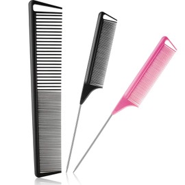 Patelai 3 Pcs Rat Tail Parting Comb for Braids Carbon Fiber Stainless Steel Pintail Teasing Combs Heat Resistant with Wide Tooth for Men and Women, Hair Stylist, Salon Hairdressing Hair Care Tools