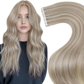 LaaVoo Tape in Hair Extensions Human Hair Highlight Ash Blonde & Platinum Blonde 20pcs Straight Remy - Invisible Real Hair Tape Extensions, Undetectable & Secure 50g 24 Inch #18/613-S2
