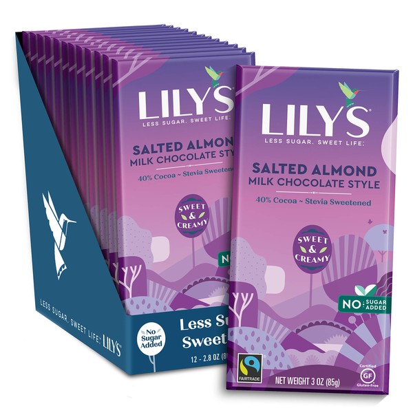 Salted Almond Milk Chocolate Bar by Lily's | Stevia Sweetened, No Added Sugar, Low-Carb, Keto-Friendly | 40% Cocoa | Fair Trade, Gluten-Free & Non-GMO |3 ounce, 12-Pack