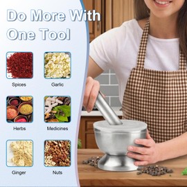 18/8 Stainless Steel Mortar and Pestle Set with Anti Slip Base and Comfy Grip, Stainless Steel Grinding Bowl for Crushing Grinding, Ergonomic Design, Silicone Lid
