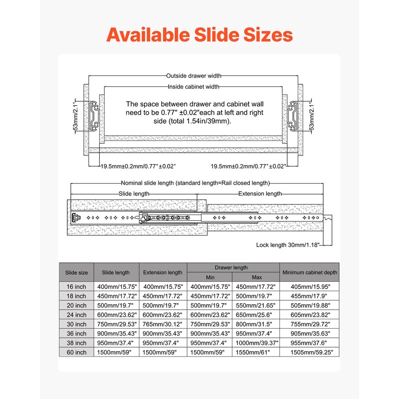 VEVOR Heavy Duty Drawer Slides 60inch, 1 Pair Locking Drawer
