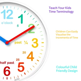 Educational Kids Wall Clock - Colourful Silent Clock For Playroom and Bedroom