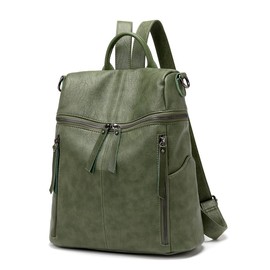 2 in 1 PU Leather Backpack and Shoulder Bag for Women Girls, Anti-theft Daypack School Bag Casual Multipocket Lightweight Large Bag for Work School and Travel, Green, 15L