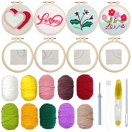 Allazone 4 PCS Punch Needle Kit, Embroidery Kit for Beginners Adults, Punch Needle Embroidery Kit, Handcraft Punch Needle Kits, Love and Flowers