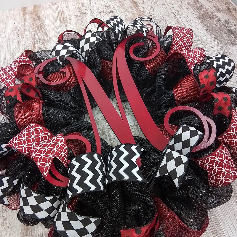 Monogram Mesh Door Wreath; black maroon burgundy red white