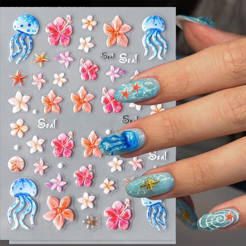 CharmBurst 2 Stück Sommerliche Nagel Sticker mit Blumen, Seesterne, Perlen,
