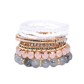 COLORFUL BLING Multilayer Bohemian Stretch Seed Beaded Bracelets for Women Stacking Strand Statement Jewelry Boho Bracelet Set-white