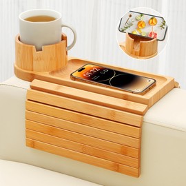 aisongdong Couch Cup Holder, Bamboo Couch Arm Tray with 360° Rotating Cup Holder,Foldable Anti-Slip Sofa Arm Chair Tray for Eating Snack Drink Side Table